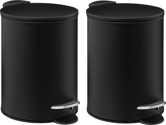 5Five Pedaalemmer - 2x - zwart - metaal - 3L - 23 cm