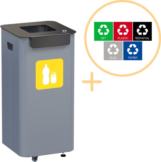 Alda Eco Modulair Bin, Prullenbak - 70L - Grijs/Geel - Afvalscheiding Prullenbakken - Gemakkelijk Afval Scheiden – Recyclen - Afvalemmer - Vuilnisbak voor huishouden en kantoor - Vierkante Afvalbak op Wieltjes - Inclusief 5-delige Stickerset