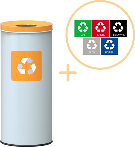 Alda Eco Nord White Bin, Prullenbak - 45L - Wit/Geel- Afvalscheiding Prullenbakken - Gemakkelijk Afval Scheiden – Recyclen - Afvalemmer - Vuilnisbak voor huishouden en kantoor - Afvalbakken - Inclusief 5-delige Stickerset