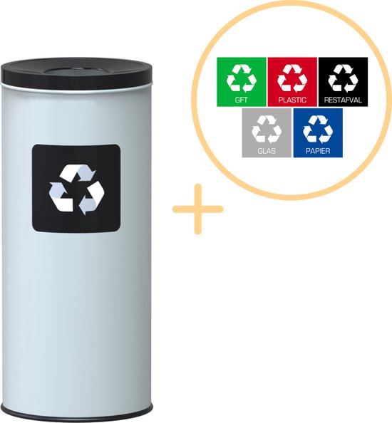 Alda Eco Nord White Bin, Prullenbak - 45L - Wit/Zwart - Afvalscheiding Prullenbakken - Gemakkelijk Afval Scheiden – Recyclen - Afvalemmer - Vuilnisbak voor huishouden en kantoor - Afvalbakken - Inclusief 5-delige Stickerset