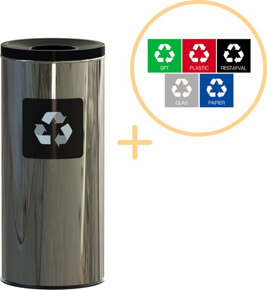 Alda Eco Prestige Bin, Prullenbak - 45L - RVS Zwart - Afvalscheiding Prullenbakken - Gemakkelijk Afval Scheiden – Recyclen - Afvalemmer - Vuilnisbak voor huishouden en kantoor - Afvalbakken - Inclusief 5-delige Stickerset