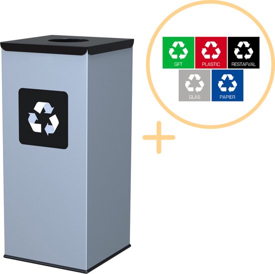 Alda Eco Square Bin, Prullenbak - 60L - Grijs/Zwart - Afvalscheiding Prullenbakken - Gemakkelijk Afval Scheiden – Recyclen - Afvalemmer - Vuilnisbak voor huishouden en kantoor - Vierkante Afvalbakken - Inclusief 5-delige Stickerset