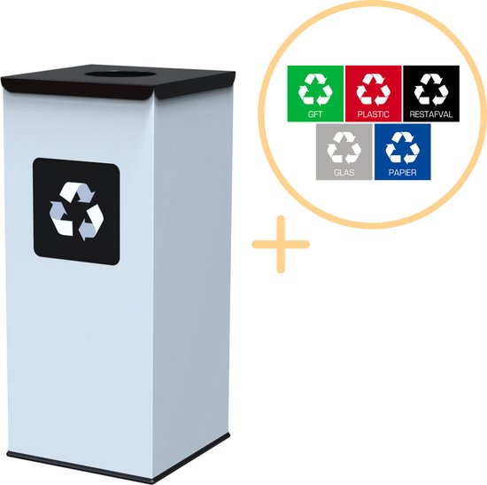 Alda Eco Square Nord White Bin, Prullenbak - 60L - Wit/Zwart - Afvalscheiding Prullenbakken - Gemakkelijk Afval Scheiden – Recyclen - Afvalemmer - Vuilnisbak voor huishouden en kantoor - Afvalbakken - Inclusief 5-delige Stickerset