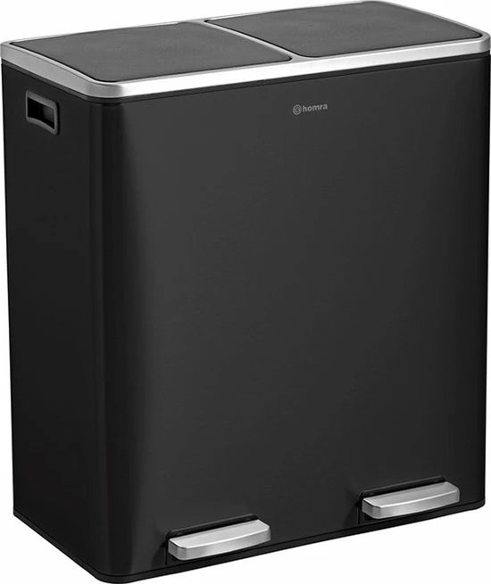 Homra Quickx Prullenbak Afvalscheiding 60 liter - Pedaalemmer Zwart - Duo prullenbak 2 x 30 liter - Vuilnisbak voor huishouden en kantoor - Recycle Vuilbak keuken Afvalemmer 2 vakken - Automatische Soft Close Deksel