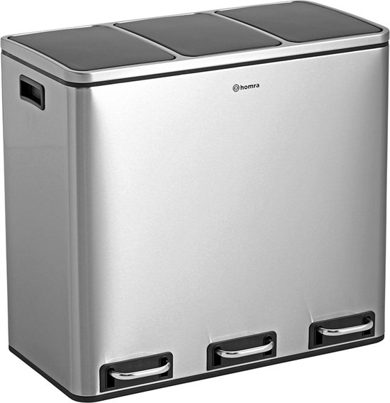 Homra Sparq Pedaalemmer 54 Liter - RVS Prullenbak 3 vakken - Trio Prullenbak 3 X 18 Liter - Prullenbak Afvalscheiding- Vuilnisbak voor huishouden en kantoor - Recycle Vuilbak keuken Afvalemmer - Afvalscheidingsprullenbakken