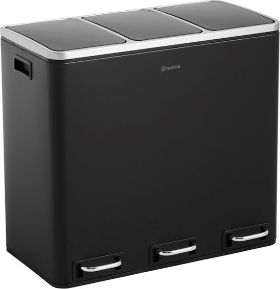 Homra Sparq Pedaalemmer 54 Liter - Zwarte Prullenbak 3 vakken - Trio Prullenbak 3 X 18 Liter - Prullenbak Afvalscheiding - Vuilnisbak voor huishouden en kantoor - Recycle Vuilbak keuken Afvalemmer - Afvalscheidingsprullenbakken