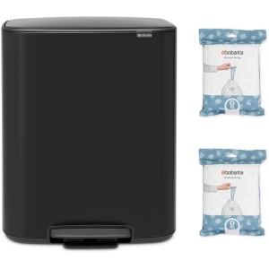 Brabantia Bo Prullenbak - 2 x 30 liter - met 80 Vuilniszakken - Afvalscheiding - Matt Black
