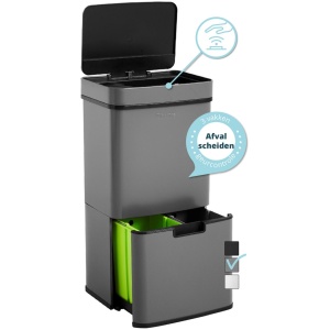 Homra Nexo Prullenbak Afvalscheiding 72 Liter - Grijze Sensor Prullenbak 3 vakken - 2x12L + 48L - Recycle Afvalbak - Vuilnisbak voor huishouden en kantoor - Vuilbak keuken Afvalemmer - Afvalscheidingsprullenbakken - Automatische Soft Close Deksel