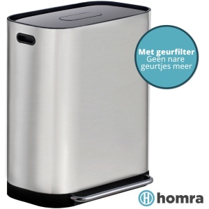 Homra Rockx Prullenbak 60 Liter - Duo Pedaalemmer 2X30L met Geurfilter - RVS Afvalscheidingsprullenbak 2 Vakken - Recycle Afvalbak - Vuilnisbak Keuken afval scheiden - Afvalemmer - Dubbele Prullenbakken Mat RVS