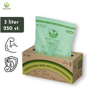 Biotani Biozakken - 3 liter - 250 Stuks - 28 x 29 cm - Incl. Dispenser - 18 Micron - Biologisch Afbreekbare Afvalzakken - GFT Zakken - 100% Composteerbare Vuilniszakken - GFT Afvalzakken - Afbreekbare Afvalzakken - Bio Afvalzakken - GFT Zakjes