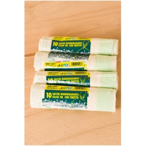 Composteerbare biologisch afbreekbare afvalzak 10 Liter met trekband. Pakket van 4 rollen = 40 zakken.