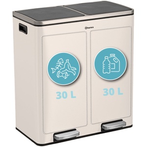 Afvalscheidingsprullenbak 2 vakken Wit - 60 L (2x30 Liter) pedaalemmer Homra QUICKX - Design Duo Afvalemmer RVS - Afval Scheiden - Recycle Afvalbak - Hygiënisch Pedaal - Dubbele Vuilnisbak - Keuken Vuilbak - Kantoor Prullenbak
