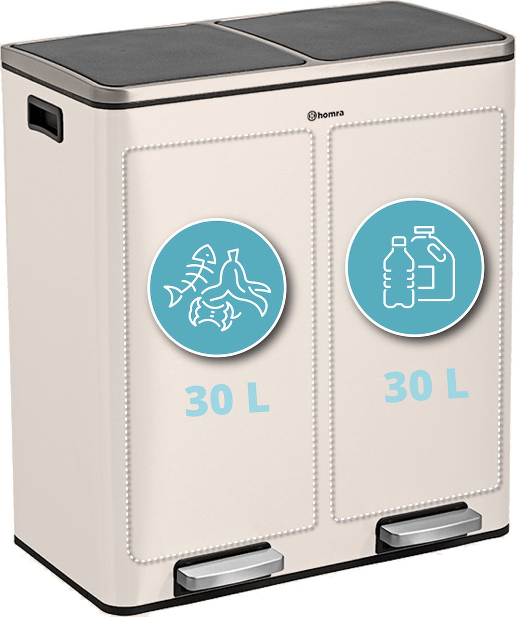Afvalscheidingsprullenbak 2 vakken Wit - 60 L (2x30 Liter) pedaalemmer Homra QUICKX - Design Duo Afvalemmer RVS - Afval Scheiden - Recycle Afvalbak - Hygiënisch Pedaal - Dubbele Vuilnisbak - Keuken Vuilbak - Kantoor Prullenbak