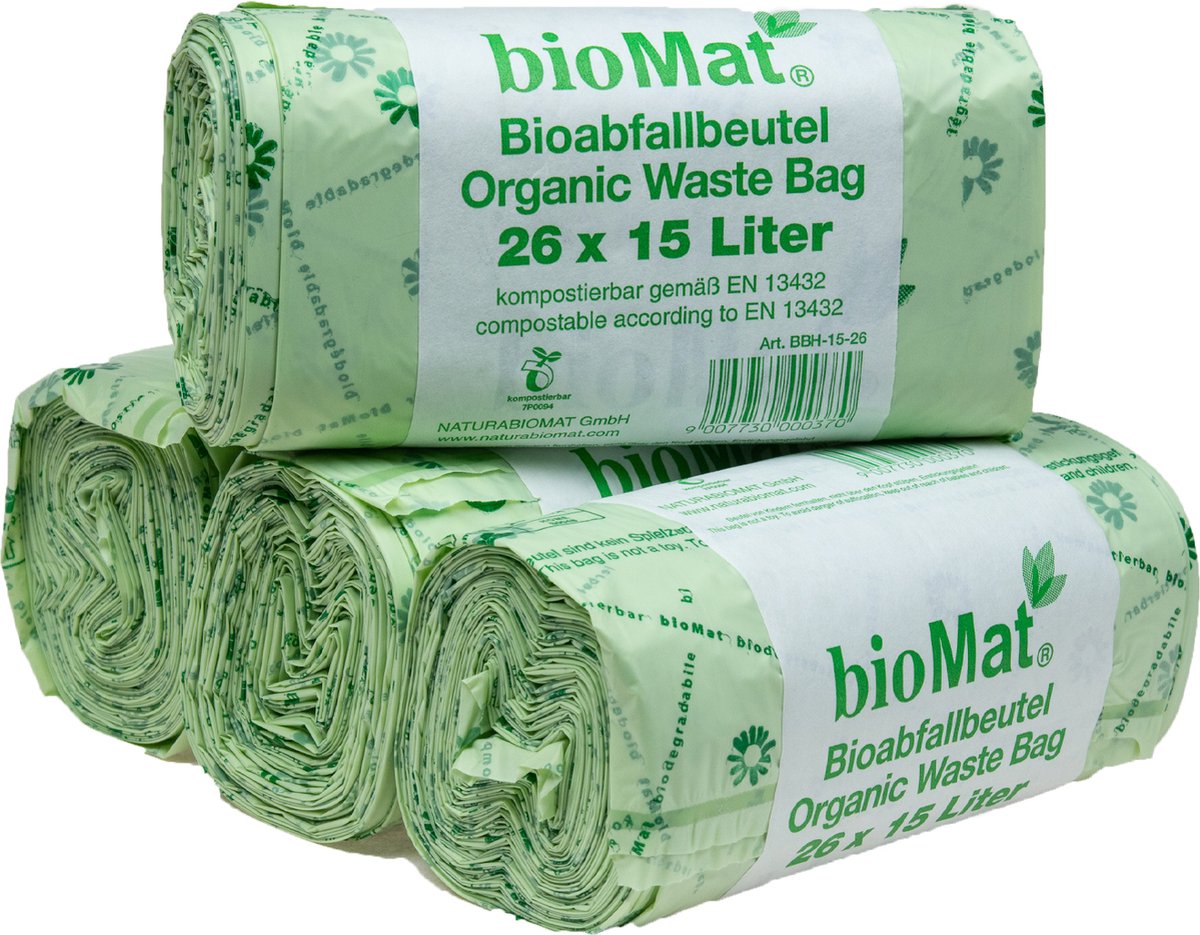 BioMat EcoRoll - Composteerbare Vuilniszakken - 26 x 15 liter - Handvaten - 104 zakken - Milieuvriendelijk - Sterk - Langdurig
