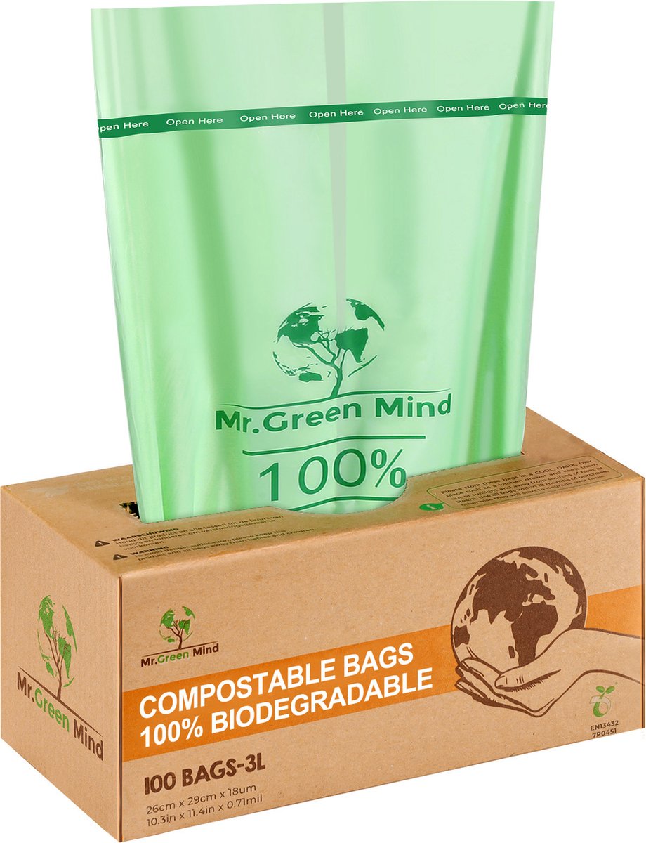 Biozakken 2/3 liter 100 stuks biologisch afbreekbare afvalzakken - 28 x 29 cm - 100% composteerbare vuilniszakken - Incl. dispenser - gft afvalzakken