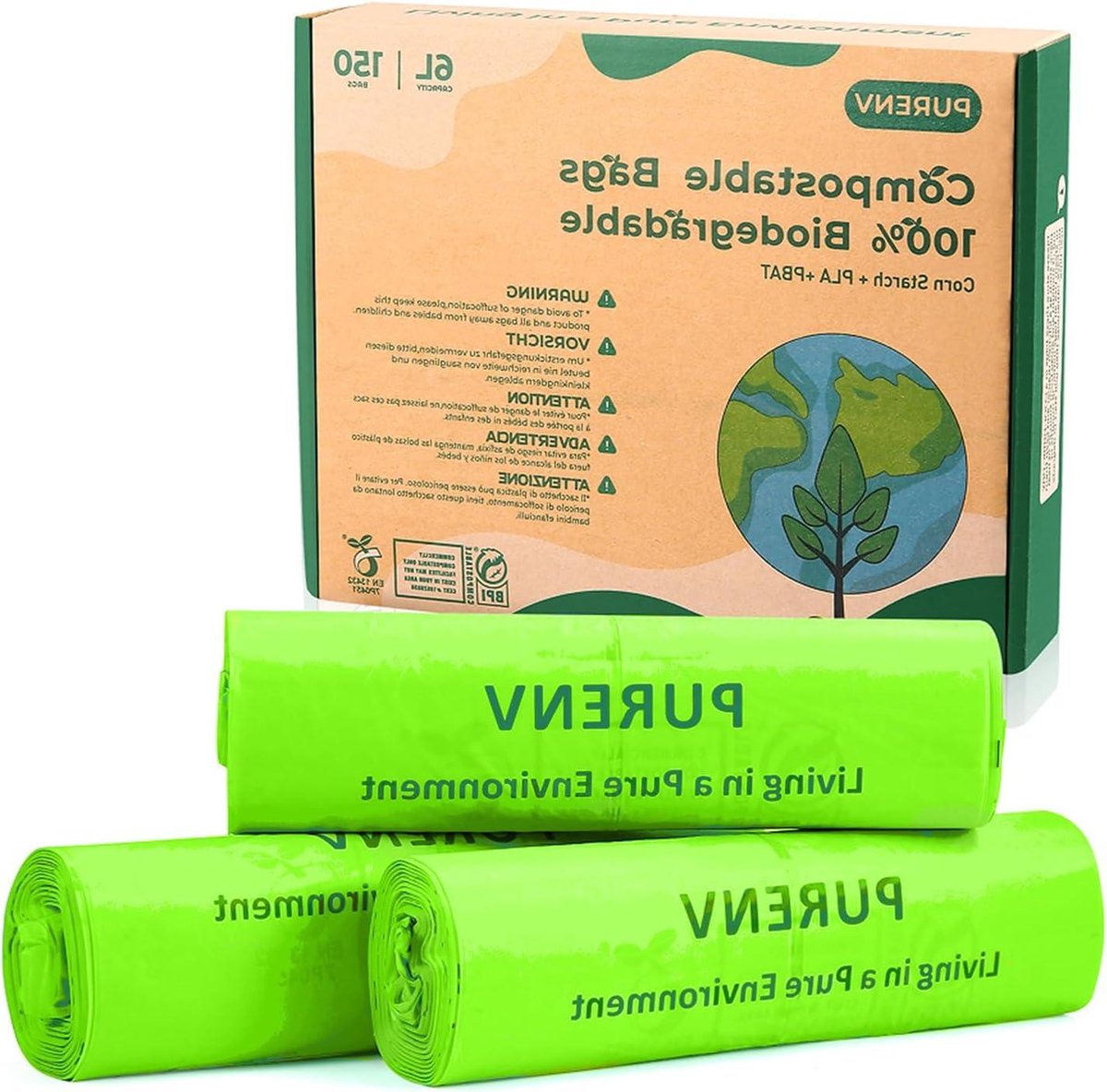 Composteerbare Vuilniszak 6L - 150 Tellingen - 100% Biologisch afbreekbare Bin Liners - Sterke Maïszetelzakken - EN13432-Certificatie