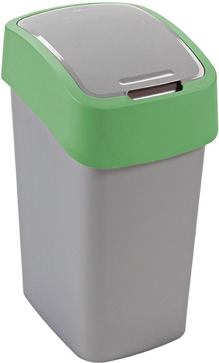 Cuver - Prullenbak / Afvalbak met deksel - Grijs met groen frame - 25L, Flip Bin