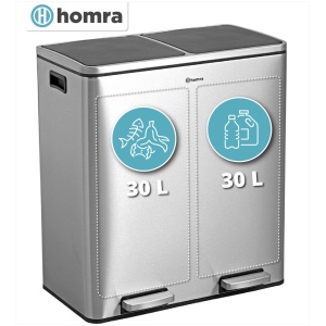 Homra Quickx Prullenbak 2 vakken - Afvalscheidingsprullenbak - 60 L (2x30 Liter) Pedaalemmer - Design Duo Afvalemmer RVS - Afval Scheiden - Recycle Afvalbak - Hygiënisch Pedaal - Dubbele Vuilnisbak - Keuken Vuilbak - Kantoor Prullenbak
