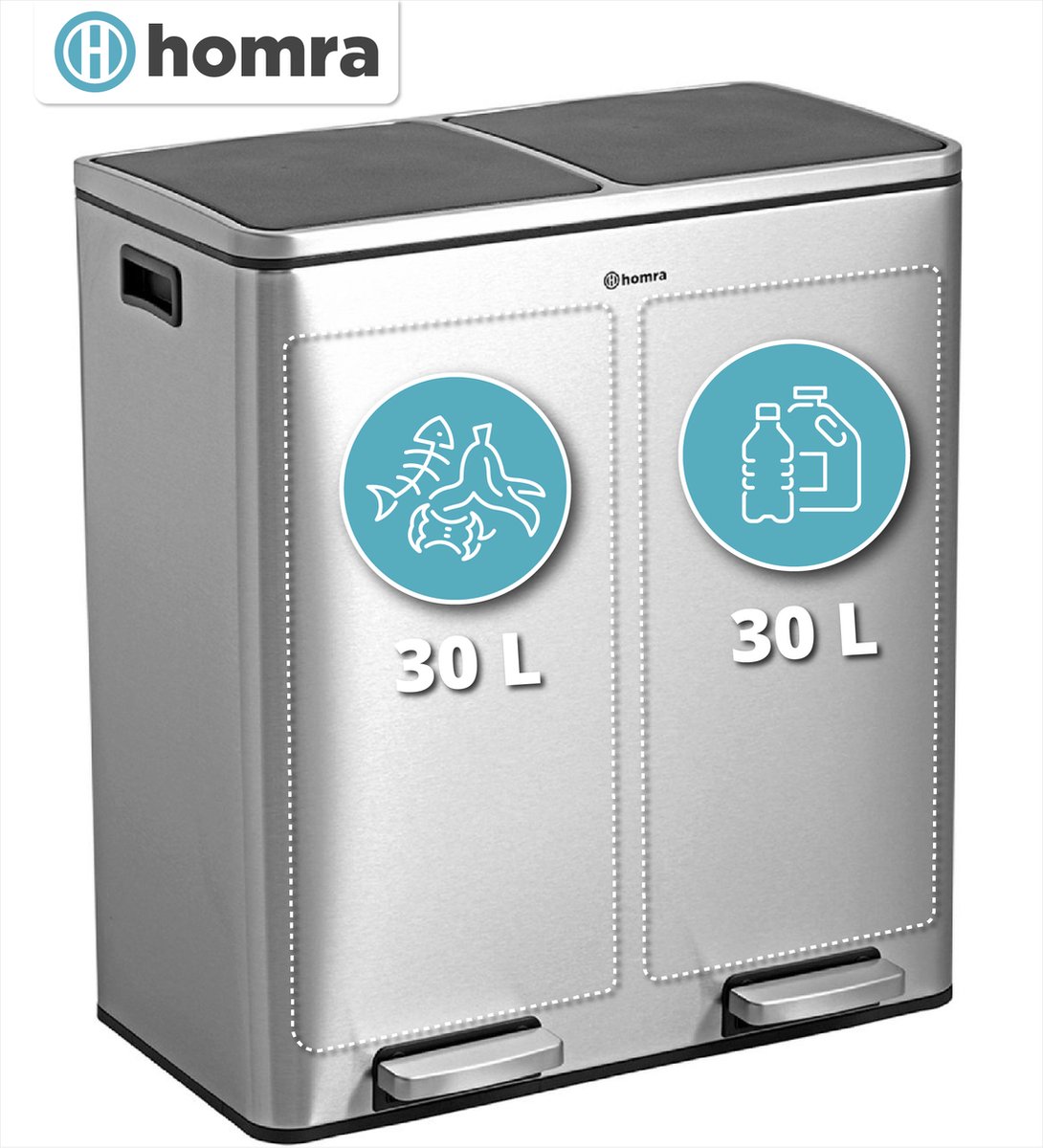 Homra Quickx Prullenbak 2 vakken - Afvalscheidingsprullenbak - 60 L (2x30 Liter) Pedaalemmer - Design Duo Afvalemmer RVS - Afval Scheiden - Recycle Afvalbak - Hygiënisch Pedaal - Dubbele Vuilnisbak - Keuken Vuilbak - Kantoor Prullenbak