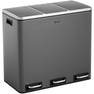 Homra SPARQ Pedaalemmer 3 vakken - 3 x 18 L inhoud - 54 Liter - Grijs - RVS - Trio Prullenbak Afvalscheiding - 3-vaks Recycle Afvalemmer - Hygiënisch Afval Scheiden - Grijze Keuken Vuilbak - Kantoor Prullenbak - Pedaal - Afvalscheidingsprullenbak