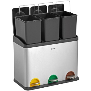 Homra Stephs Prullenbak Afvalscheiding 45 Liter - RVS Prullenbak 3 vakken - Trio Prullenbak 3 X 15 Liter - Pedaalemmer - Vuilnisbak voor huishouden en kantoor - Recycle Vuilbak keuken Afvalemmer - Afvalscheidingsprullenbakken