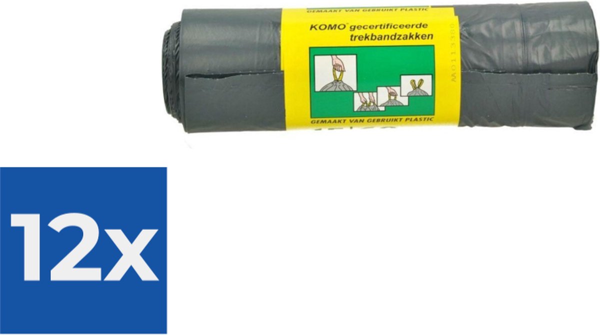KOMO Afvalzakken met trekband - 60 l - 15 stuks - Voordeelverpakking 12 stuks