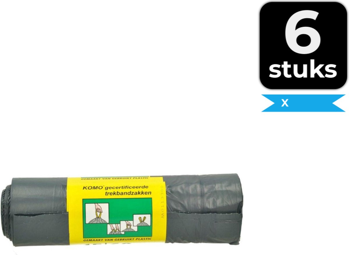 KOMO Afvalzakken met trekband - 60 l - 15 stuks - Voordeelverpakking 6 stuks