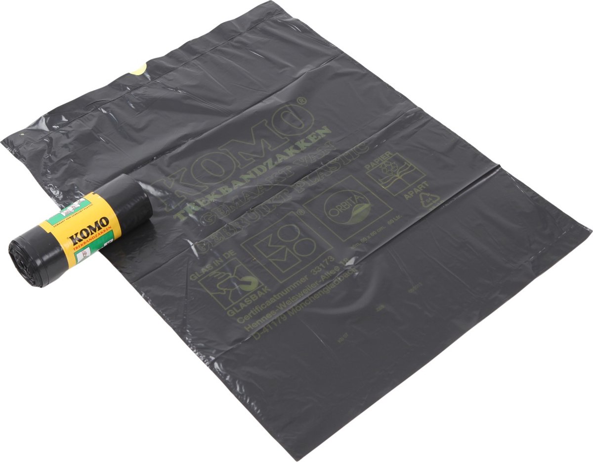 KOMO vuilniszakken met trekband 60 liter grijs 60x80cm 43 my - Doos 20 rol à 15 stuks