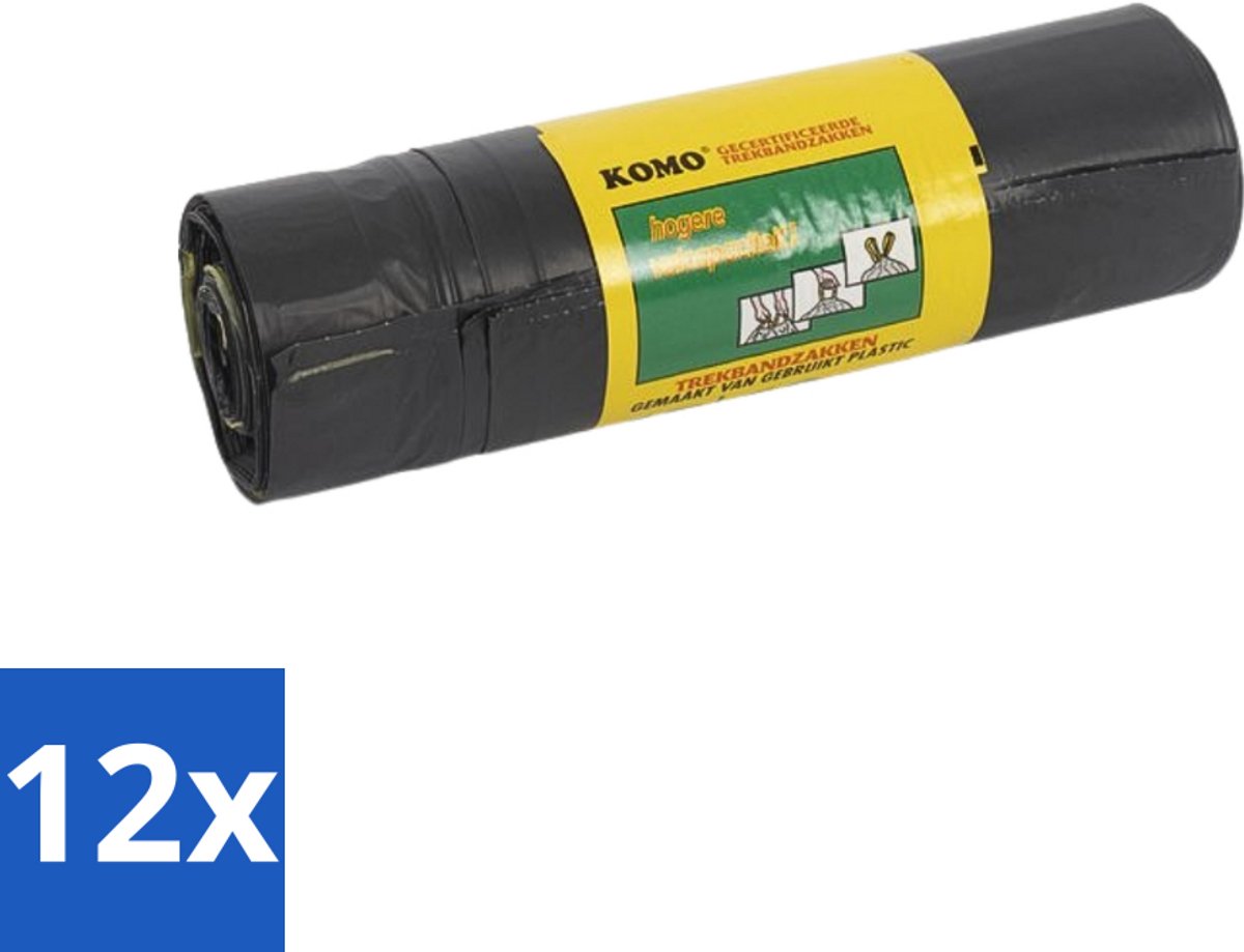 Komo - Afvalzakken met Trekband - 60L - Grijs - LDPE Materiaal - 15 Zakken - Voordeelverpakking - 12 stuks