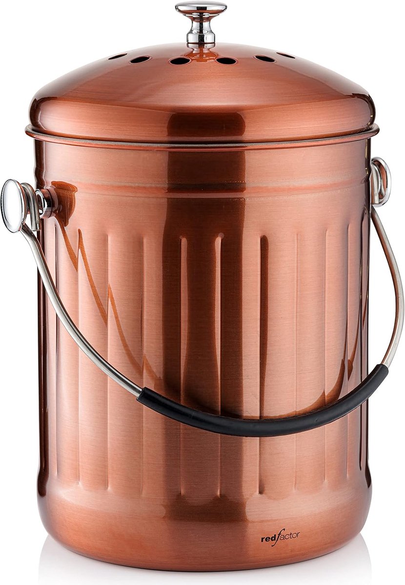 Premium Mat Koper - Roestvrijstaal Geurloos Compostbak Keukenemmer met Reservefilters - 5 Liter Voedselveilig - Compostbak - Compostvat - Composteerbare Vuilniszakken - Compostmaker - Compostmolen- Compostemmer