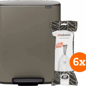 Brabantia Bo Pedal Bin 60 Liter Platinum + Vuilniszakken (120 stuks)