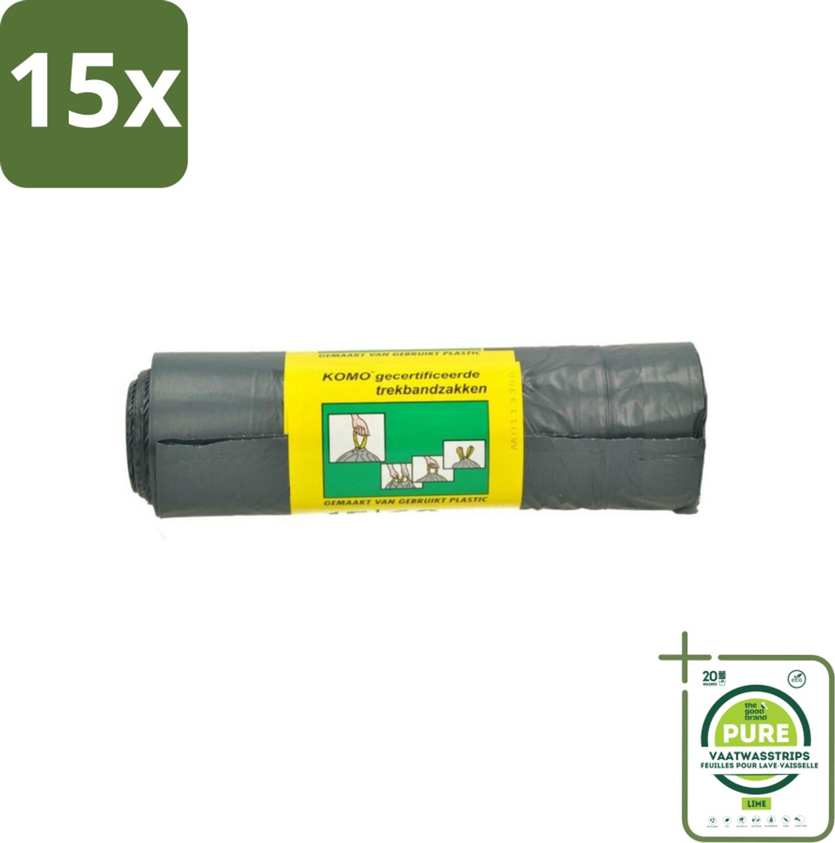 15 x Komo Vuilniszakken Trekband 60L 15 stuks per verpakking - Grootverpakking - Afvalzakken - Afvalzakken Met Trekband - Afvalzakken 60 Liter - Afvalzakken Grijs - Afvalzakken Stevig