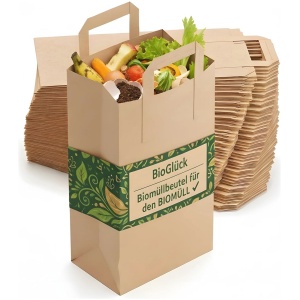 Biologisch Afbreekbare Afvalzakken 10L met Handvat - Composteerbare en Scheurvaste Papieren Zak voor Organisch Afval - Verpakking van 50 Stuks