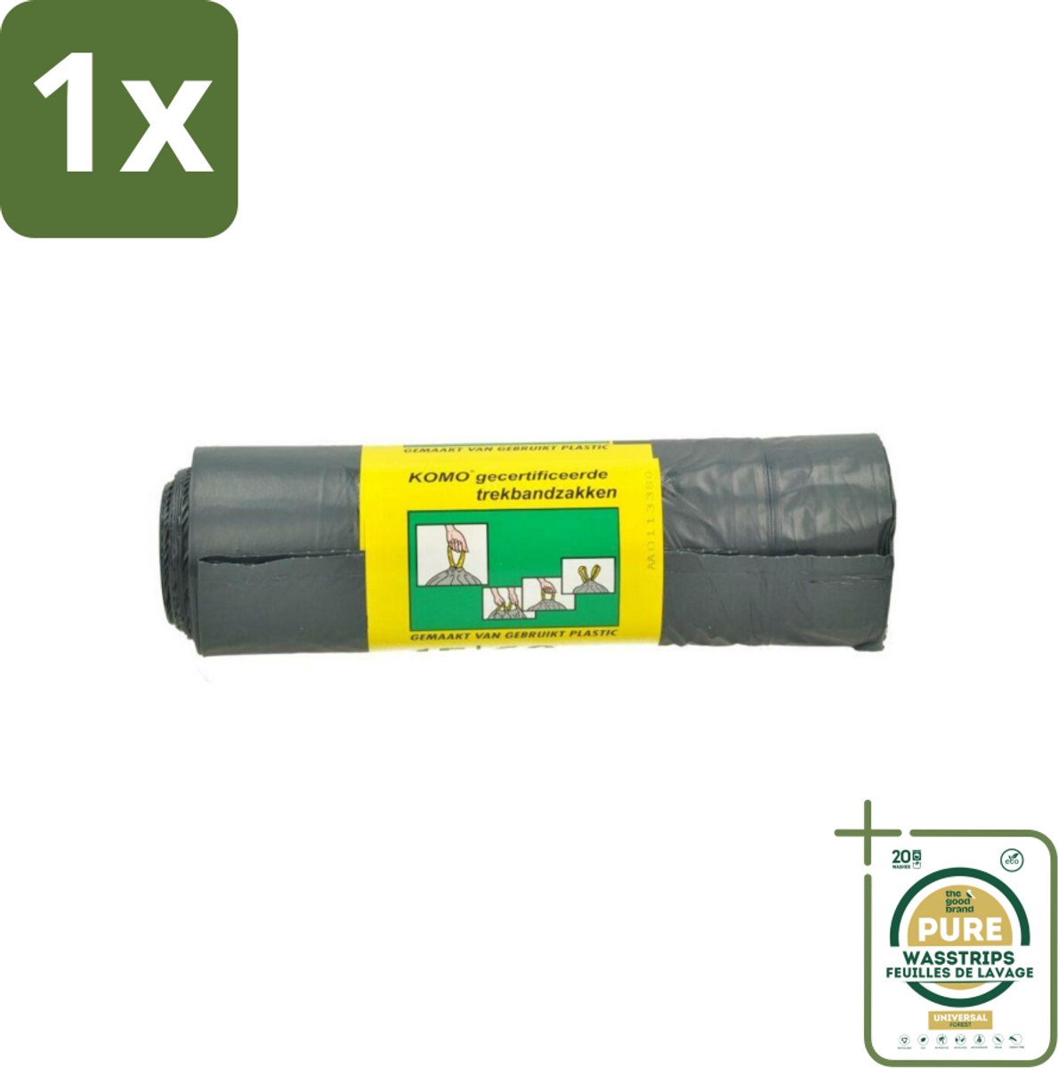 1 x Komo Vuilniszakken Trekband 60L 15 stuks per verpakking- Afvalzak 60 L - Trekband Afvalzak - Vuilniszak 60 L - Vuilniszak Trekband - Vuilniszak Grijs