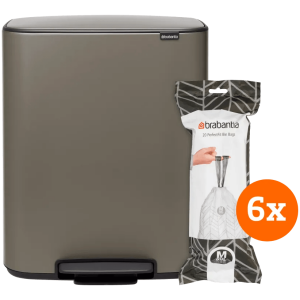 Brabantia Bo Pedal Bin 60 Liter Platinum + Vuilniszakken (120 stuks)