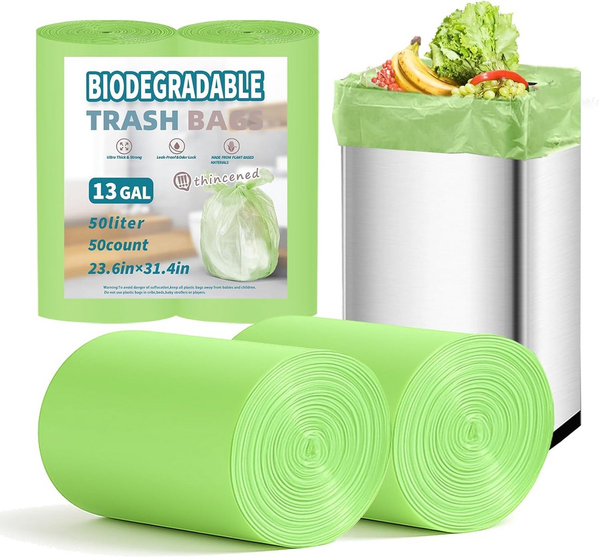 Composteerbare vuilniszakken 50 liter (50 stuks) - Groen - 60x80 cm - Geschikt voor Keuken en Kantoor