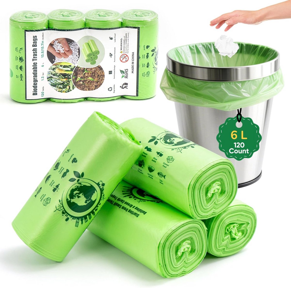 Kleine Vuilniszakken 1.2 Gallon - 120 Stuks - Composteerbare Badkamer en Keuken Vuilniszakken